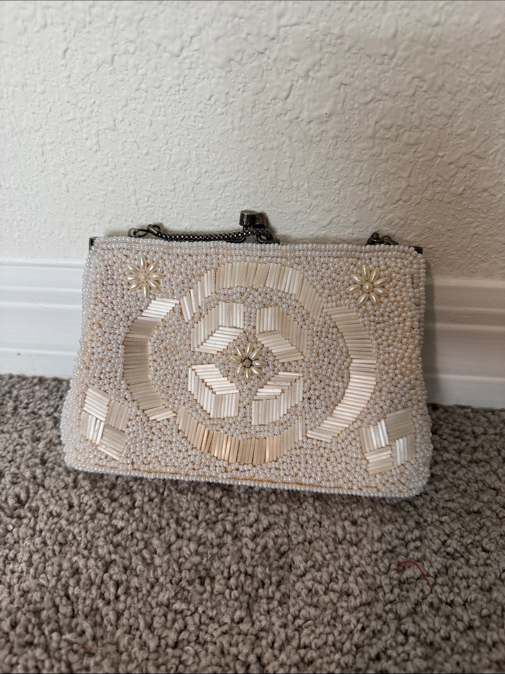 Ivory Beaded Floral-Accent Clutch